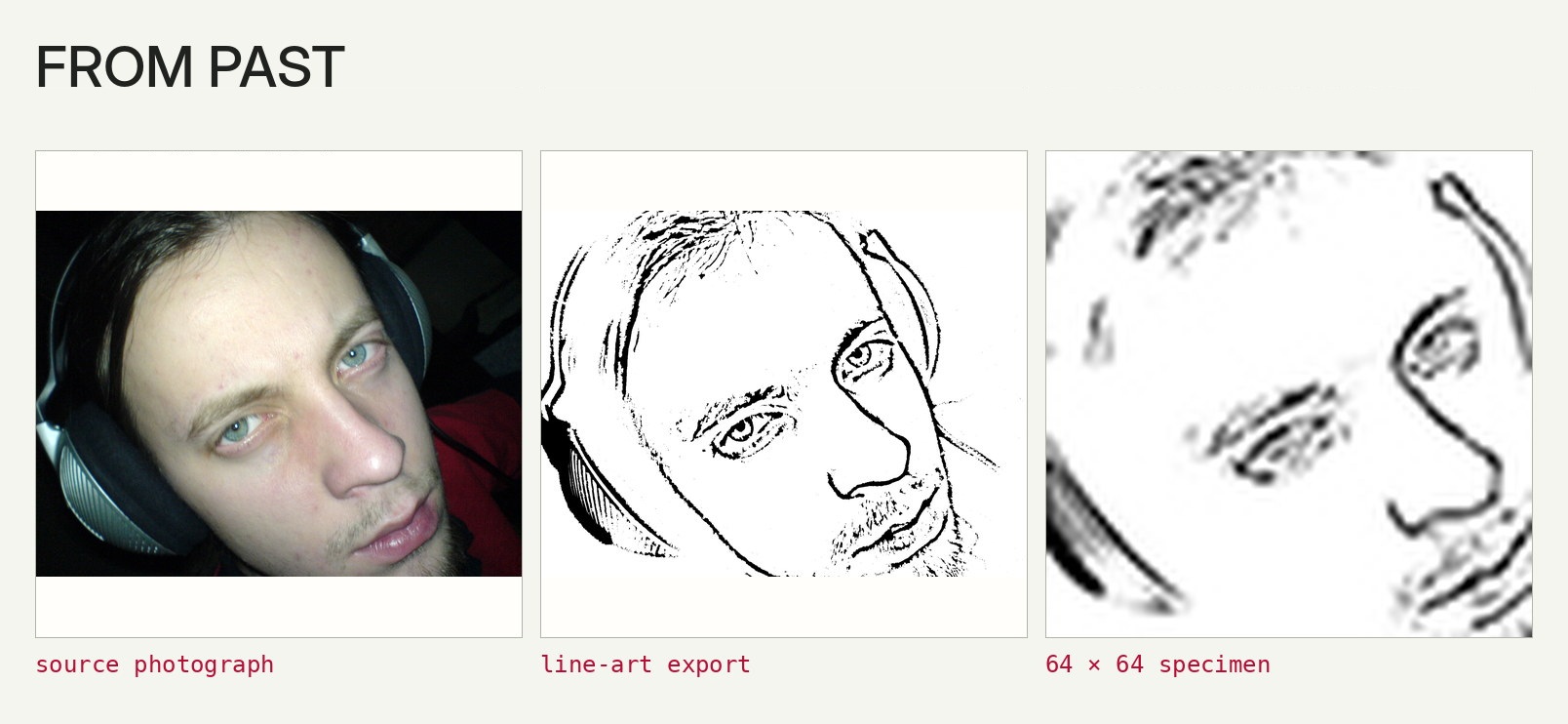 A headphone photograph, a high-contrast line-art avatar and its 64 by 64 pixel export.