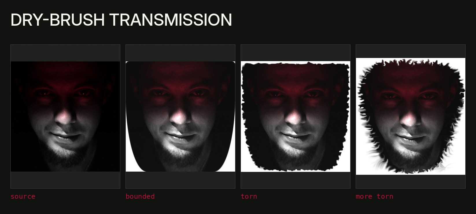 A dark source portrait and three red-black dry-brush treatments from 2009.