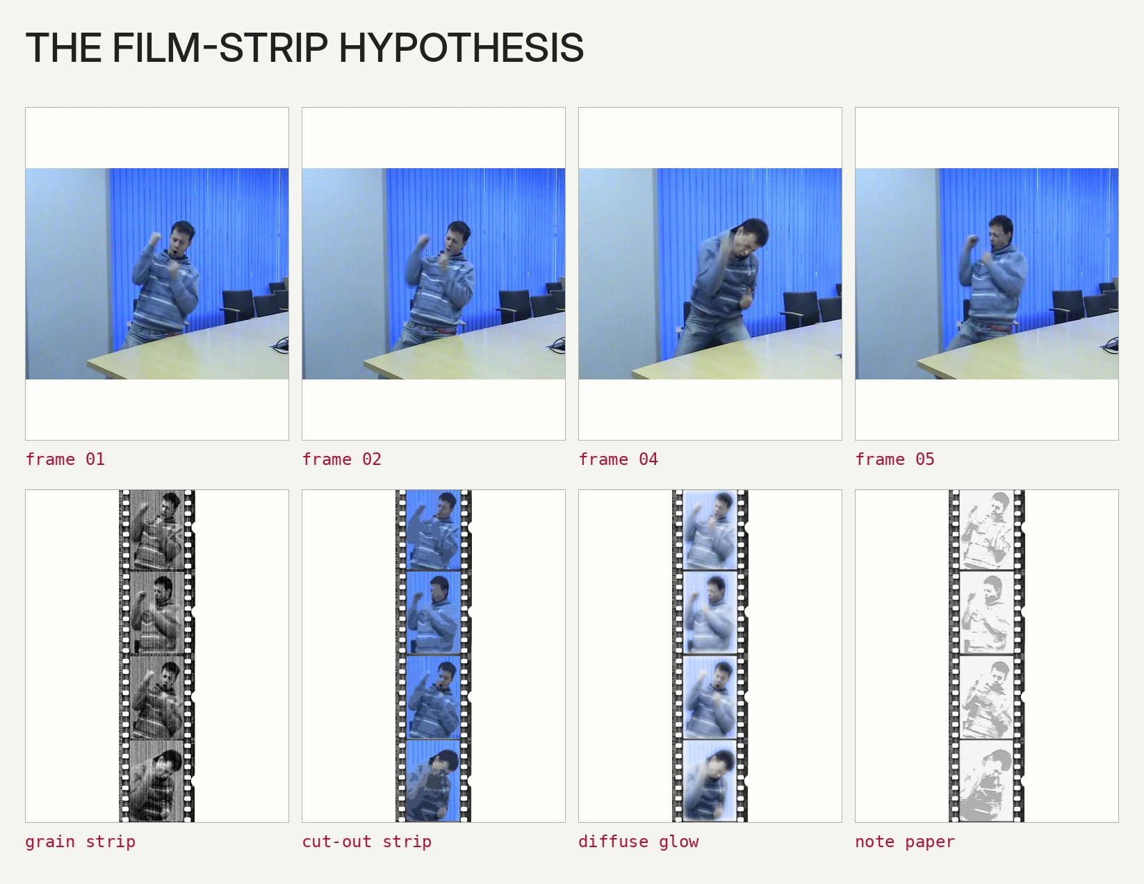 Four video frames and four simulated photographic film strips with different digital effects.