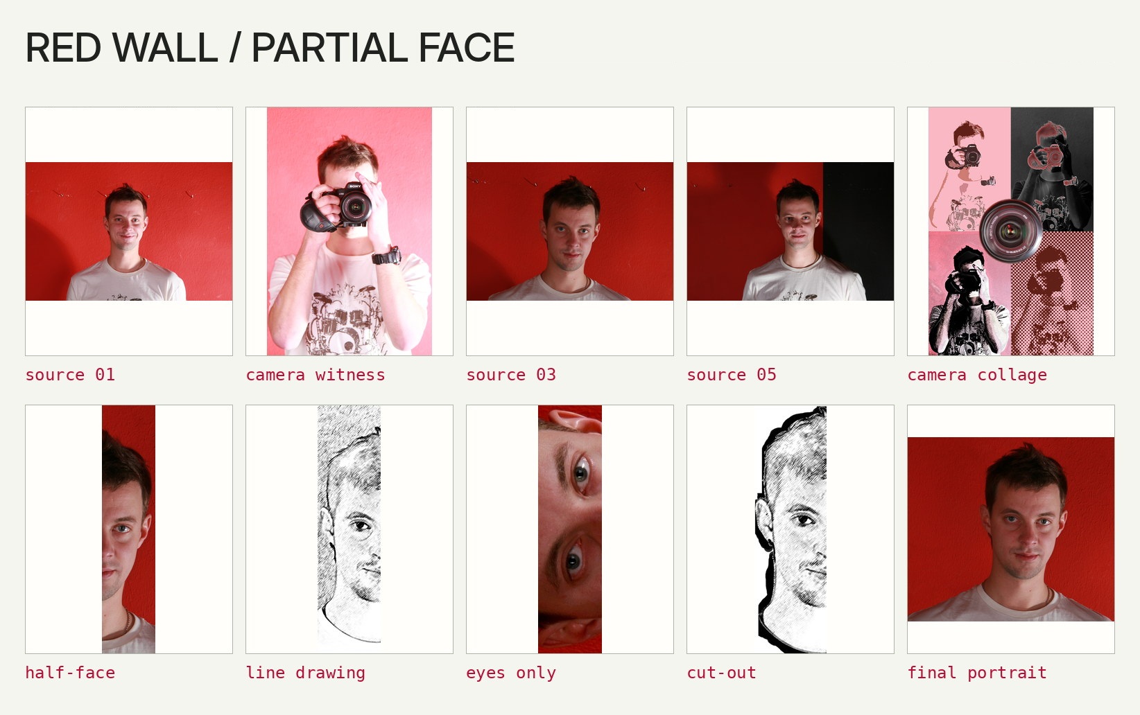 A contact sheet of 2009 red-wall portraits, camera self-portraits, half-face crops and line drawings.