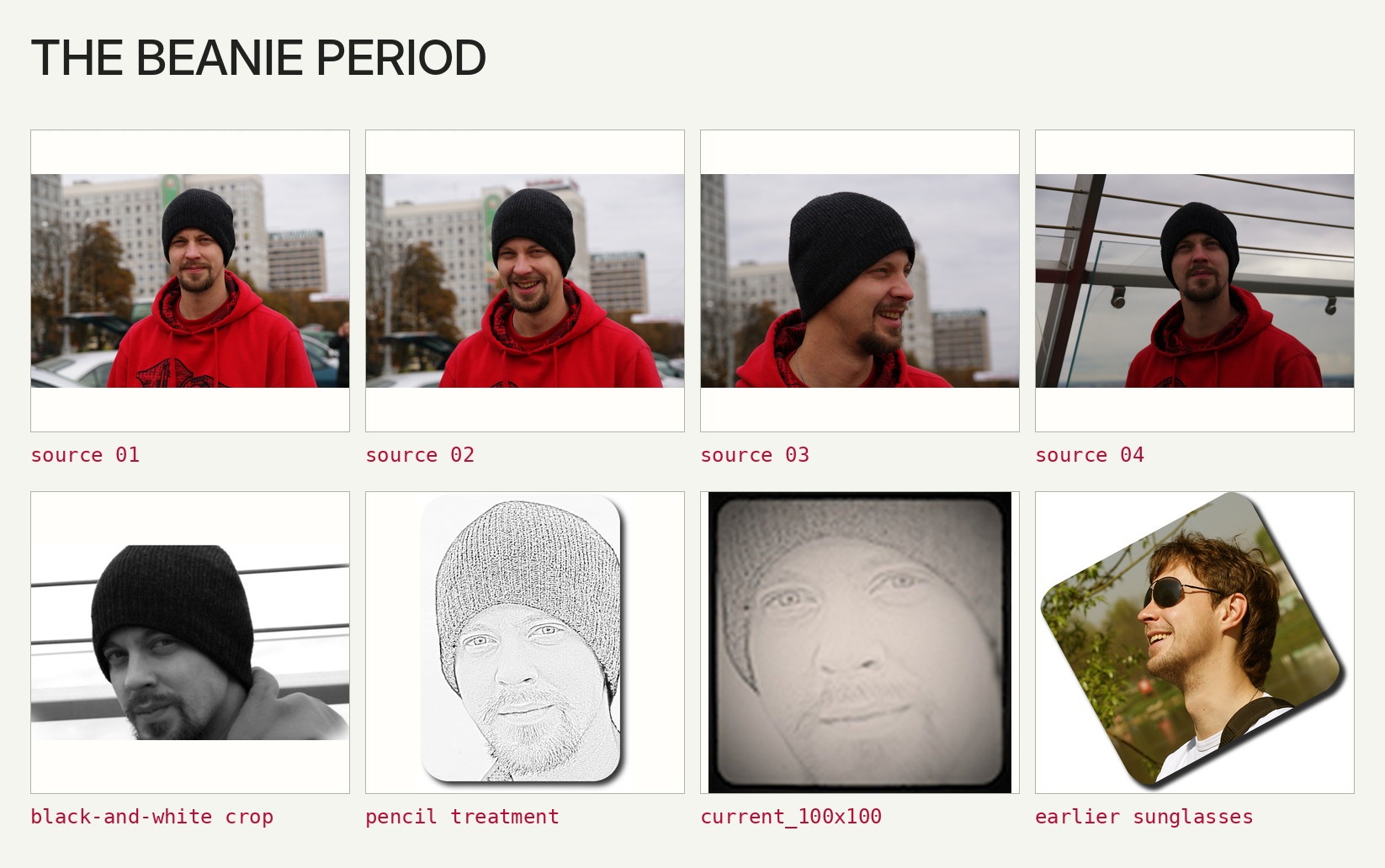 A set of 2010 red-hoodie and black-beanie photographs with black-and-white and pencil variants.