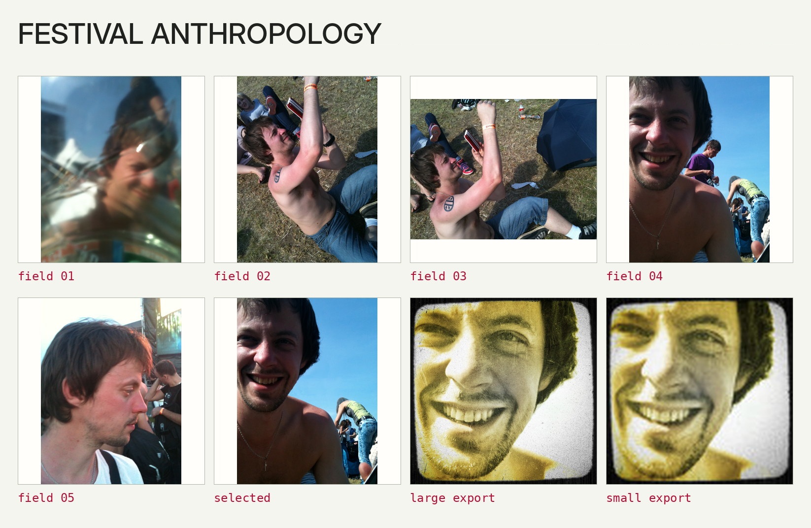 Festival photographs from 2011 alongside selected and resized warm-toned avatar exports.