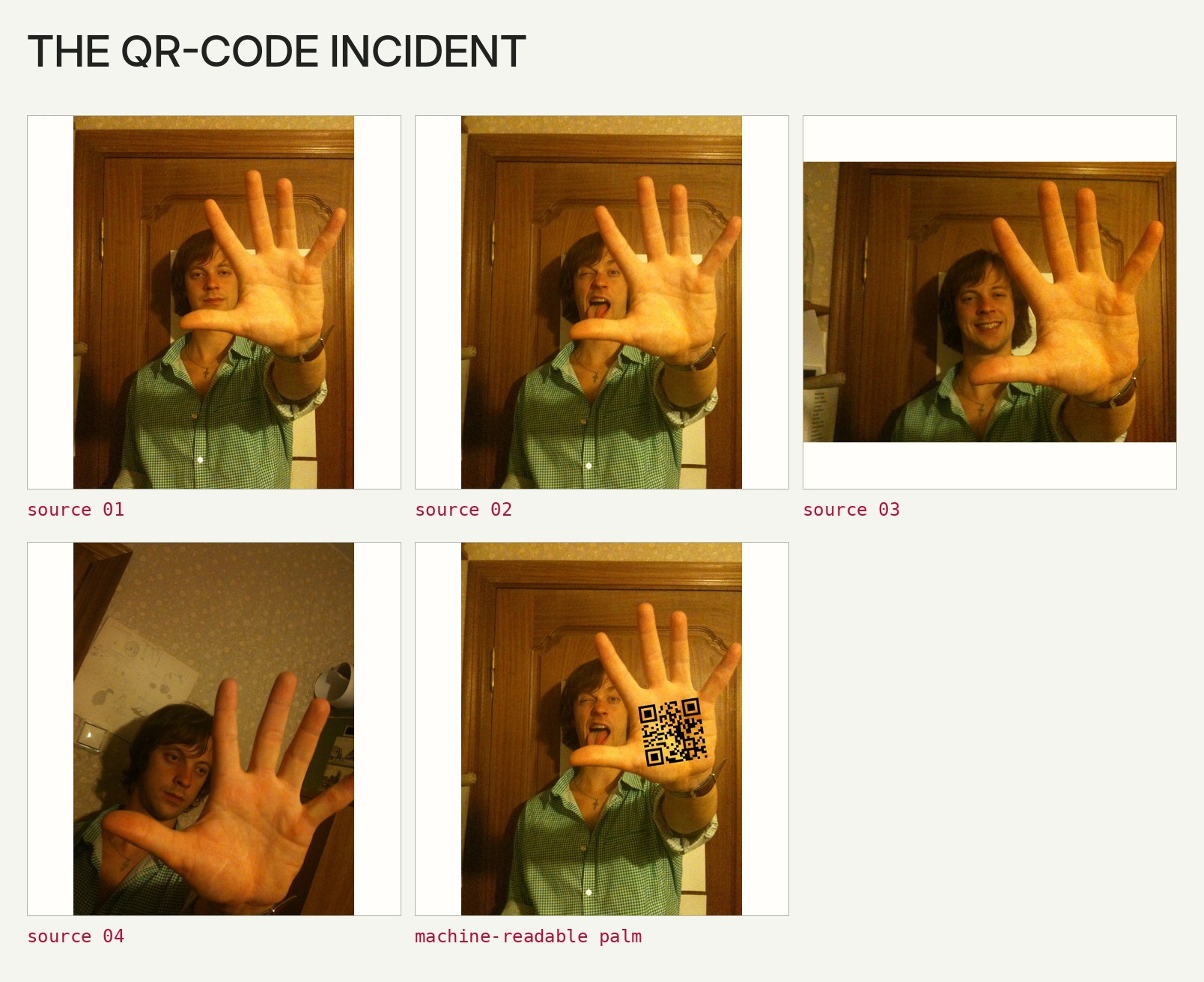 Four photographs of an open hand and the finished 2011 portrait with a QR code placed on the palm.