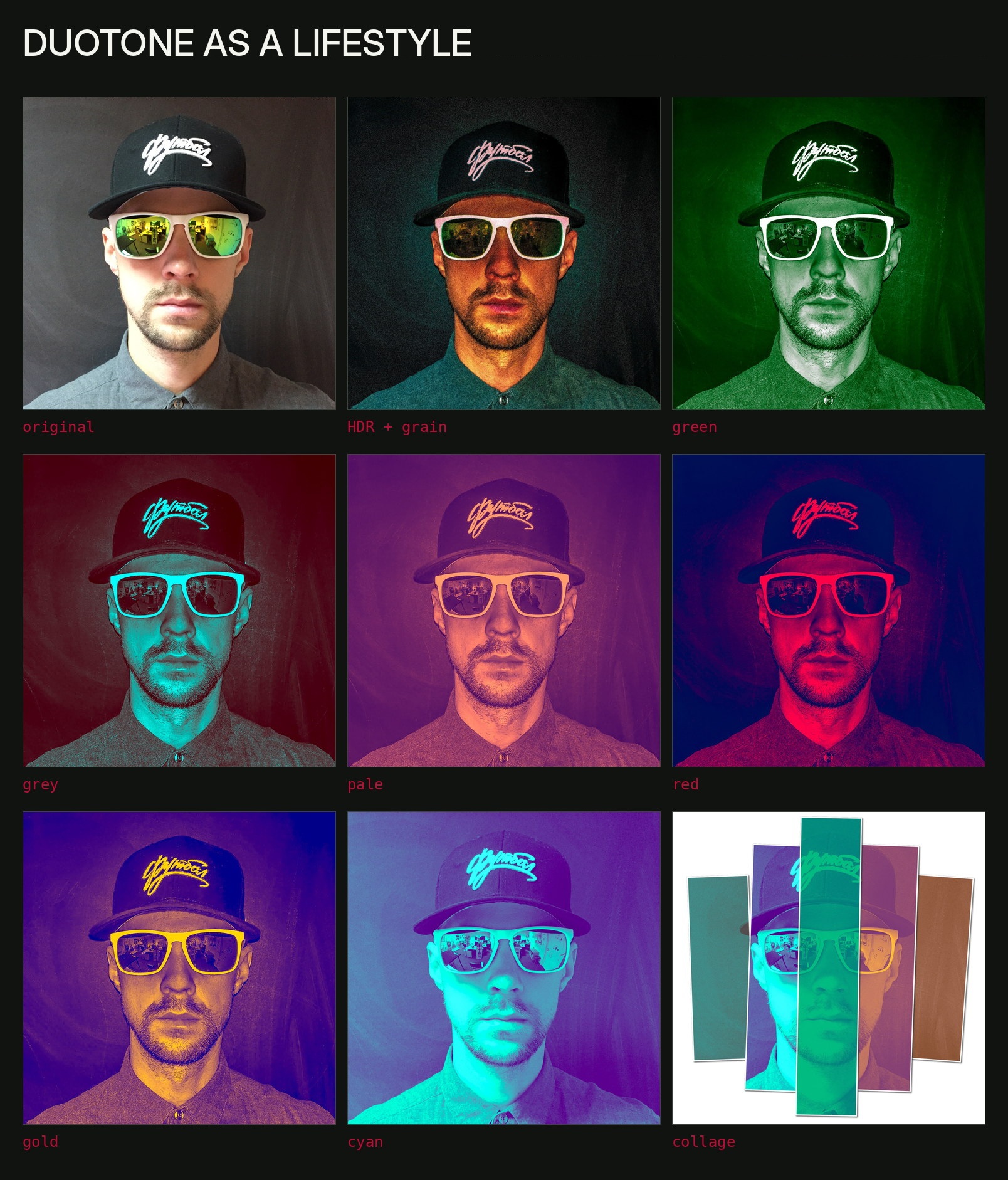A grid of 2019 cap-and-sunglasses portraits in original, HDR, grain, duotone and collage treatments.