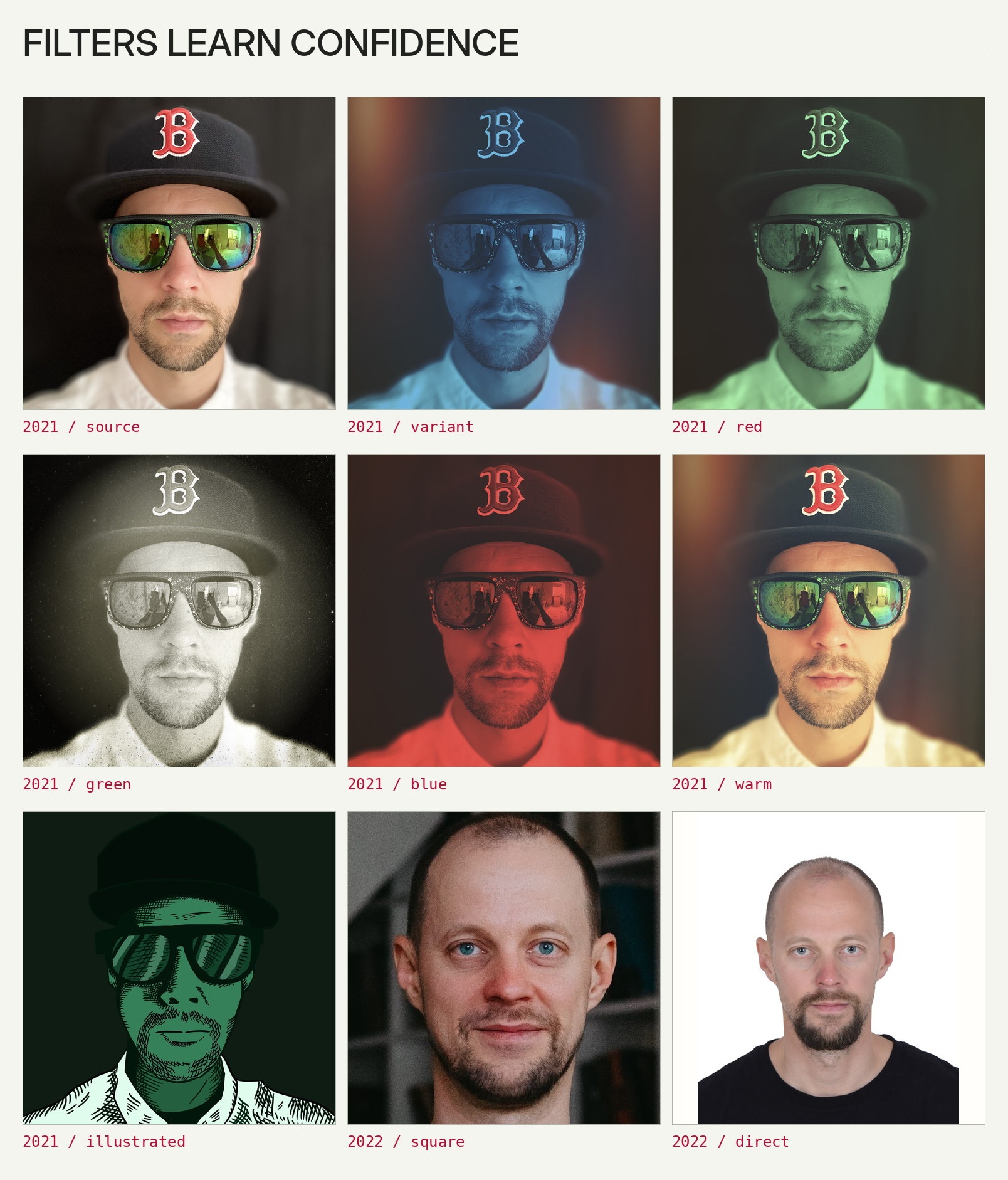 A grid of 2021 filtered cap portraits and direct photographs from 2022.