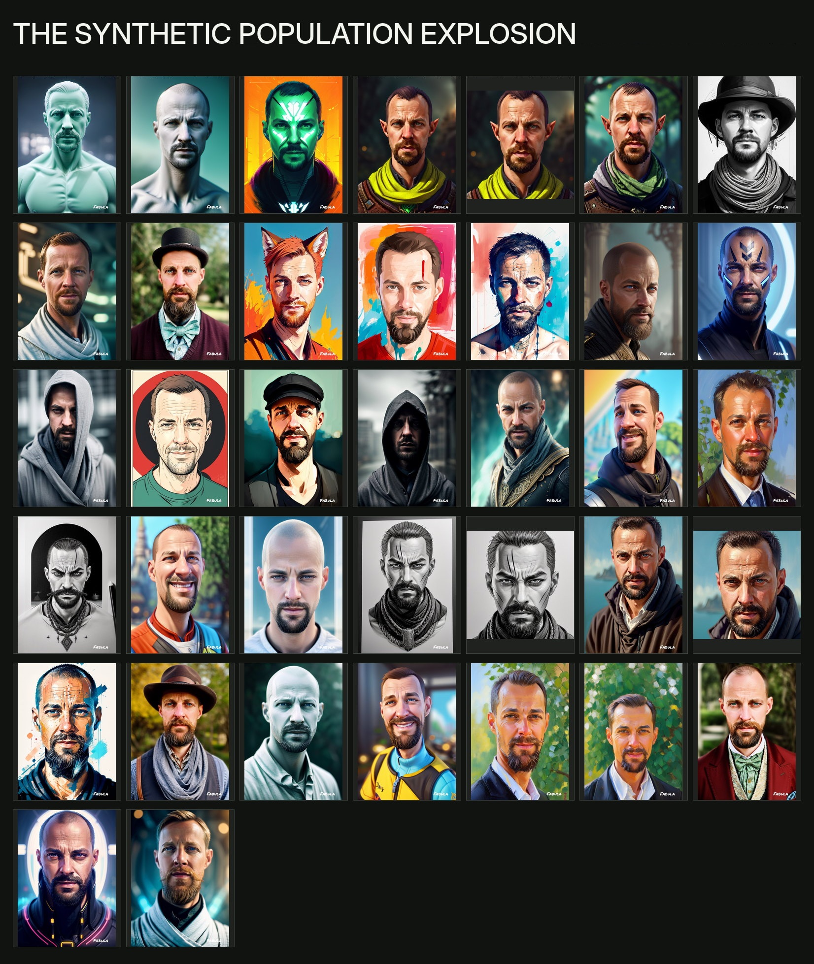 A dense contact sheet of thirty-seven synthetic portrait variants created in 2023.