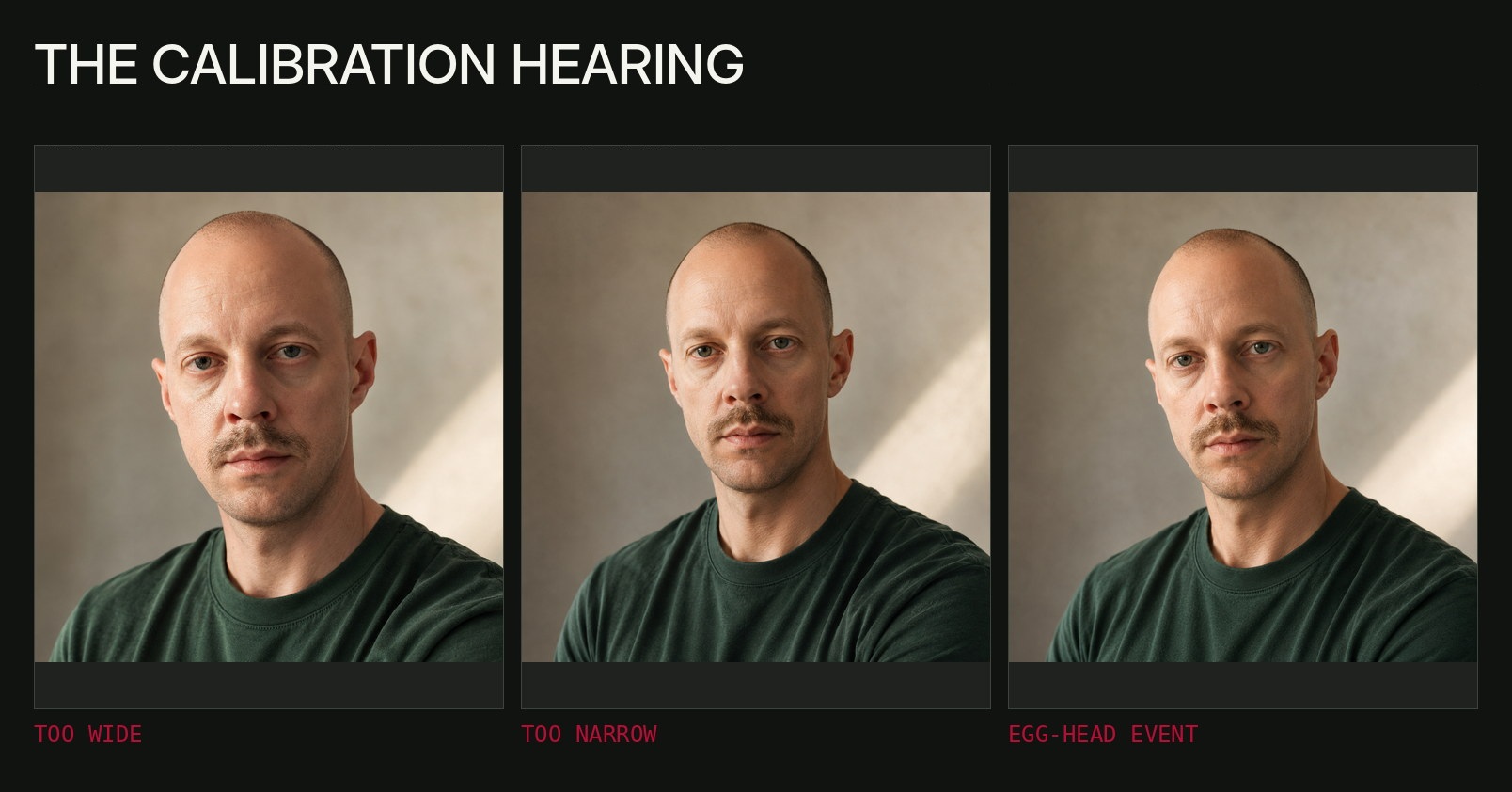 Three generated studio portraits labelled too wide, too narrow and egg-head event.