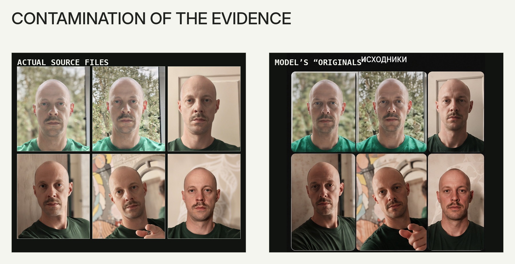 The actual six source photographs beside the model's regenerated versions of those same originals.