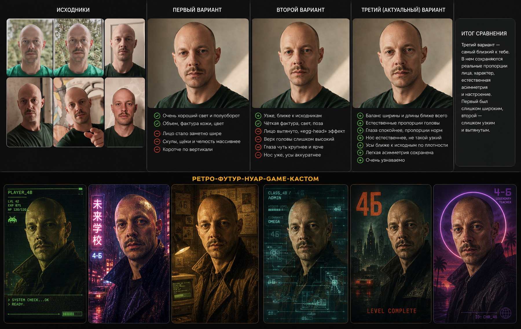 The full generated comparison board with retro-futurist portraits and accidental class 4B administrator and teacher labels.