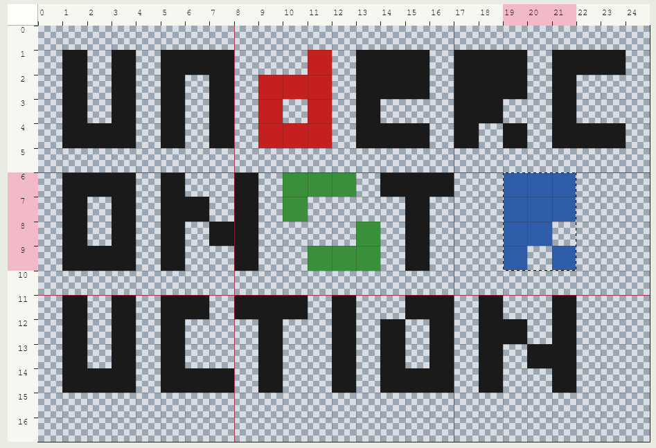 The PIXXEL editor canvas showing a pixel-art UNDER CONSTRUCTION message on a transparent checkerboard with coordinate rulers.