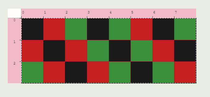 An 8 by 3 PIXXEL grid containing twenty-four red, black, and green cells with coordinate rulers.