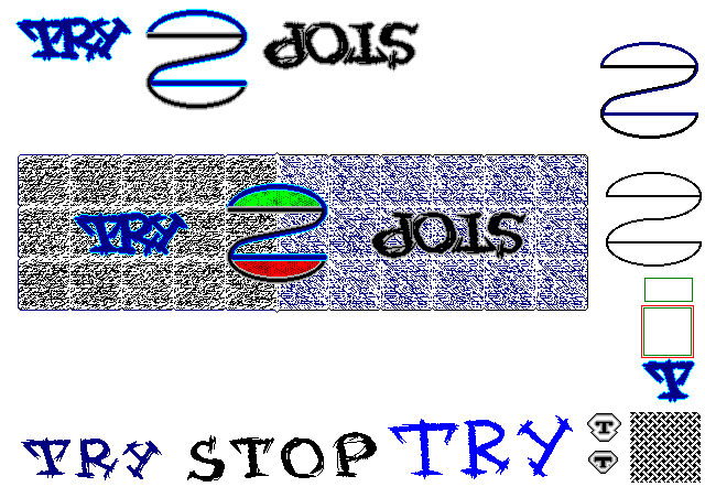A PaintBrush composition of TRY, STOP, a reversed S form, textures, colour tests, and TRY STOP TRY lettering.