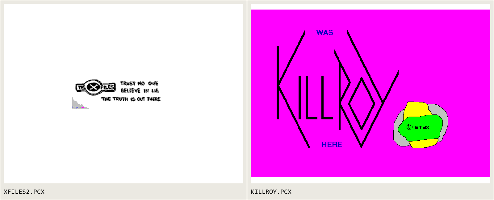 XFILES2.PCX and the original bright KILLROY.PCX drawing shown side by side with their filenames.