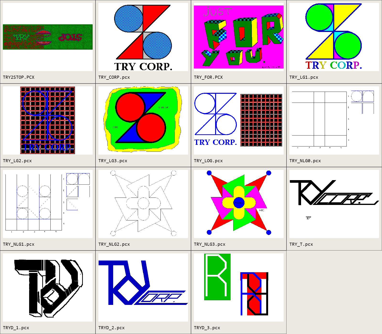Fifteen TRY, STOP, and TRY CORP bitmap studies arranged in a labelled grid.