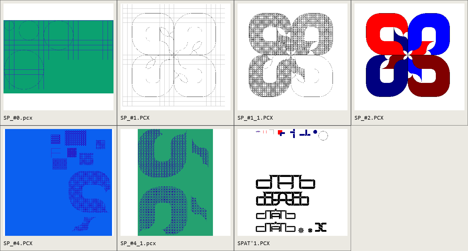 Seven labelled bitmap studies from the SP number series and the СПАТЬ drawing.