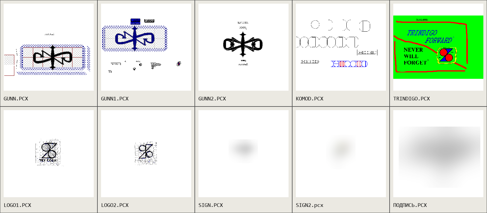A labelled grid of GUNN, KOMOD, TRINDIGO, and logo studies, with three still-current signature studies blurred.