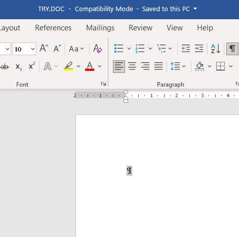 The opened TRY.DOC in Microsoft Word, showing a blank page with one paragraph mark.