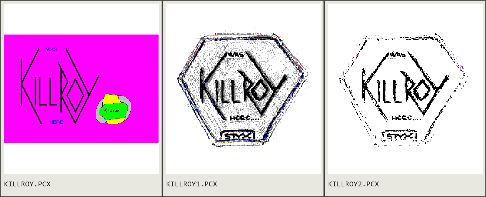 Three labelled KILLROY bitmap drawings: one bright magenta word drawing and two tighter hexagonal emblems.