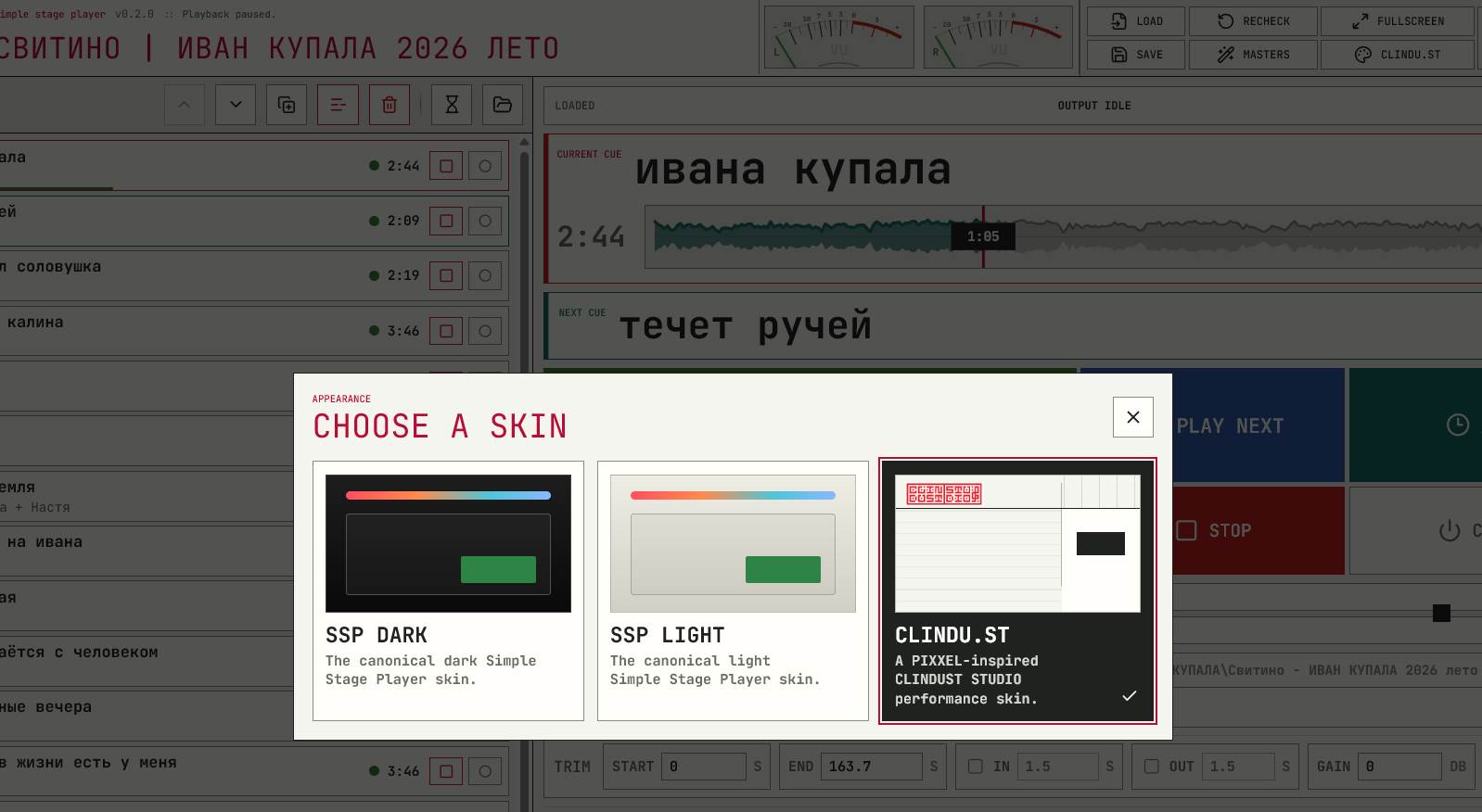 The Simple Stage Player appearance dialog showing SSP Dark, SSP Light, and CLINDU.ST skin cards, with CLINDU.ST selected.