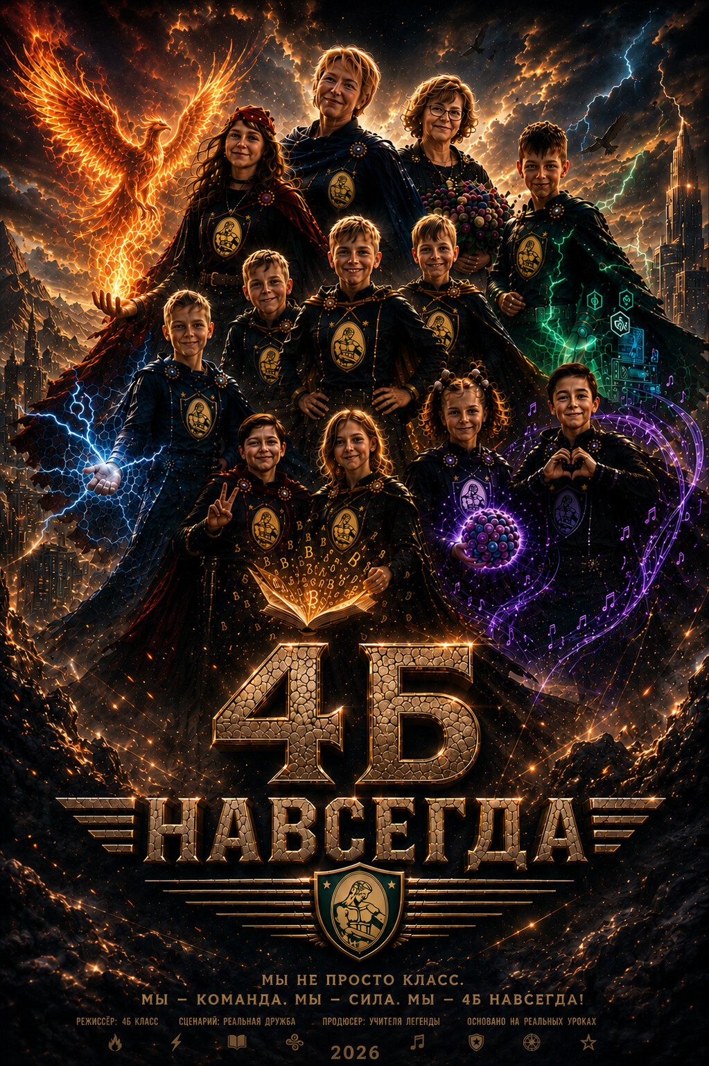 A vertical fantasy poster showing the members of Class 4Б as a superhero team above the large title 4Б НАВСЕГДА.