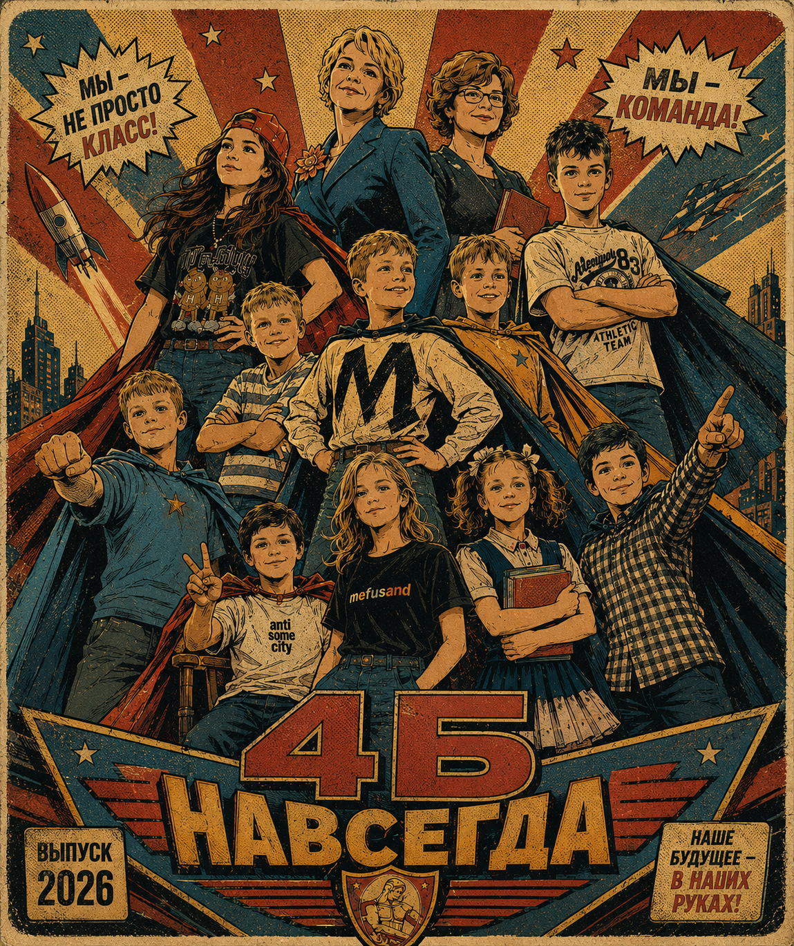 A vintage 1970s comic-book poster experiment showing Class 4Б as a colourful superhero team.